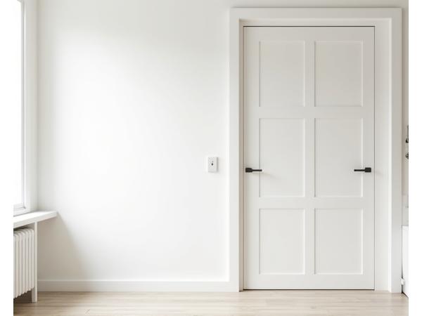 Minimalist white wooden sliding door recessed into a wall, saving space in a compact apartment